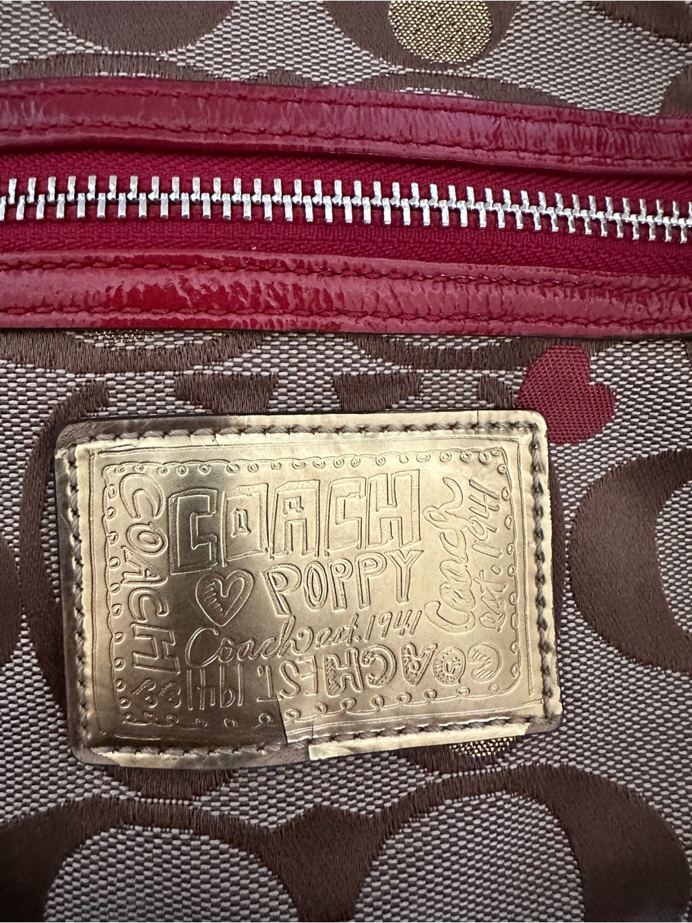 Coach Signature Heart-Print Shoulder Bag in Red and Brown with Gold Accents - Picture 5 of 10